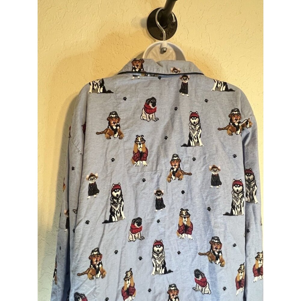 PJ Salvage Pajama Top Women's L Dogs Eyeglasses Flannel Button Up Blue - Picture 7 of 16
